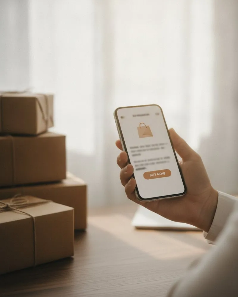 Una compra en el móvil de una tienda online, con paquetes listos para enviar al fondo