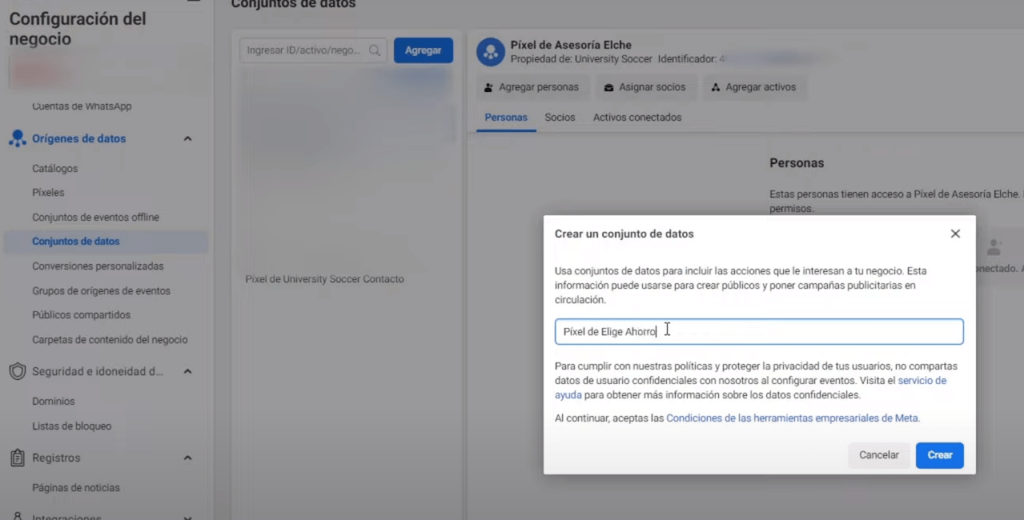Crear píxel y conjunto de datos en Facebook Business