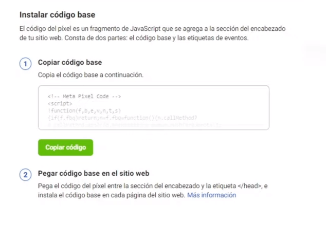 Instalar código base en Facebook Business