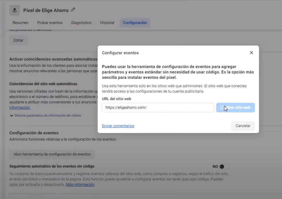 Configuración eventos en Facebook Business