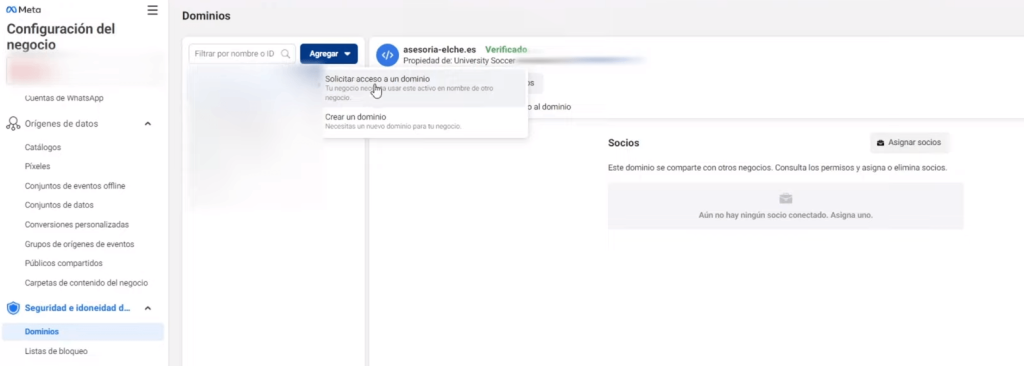 Configuración del dominio en Facebook Business