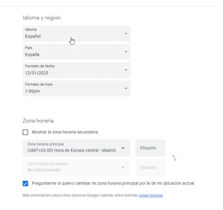 Idioma, región y zona horario en Google Calendar