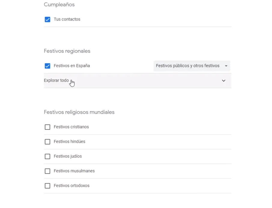 Explorar calendarios en Google Calendar como festivos nacionales