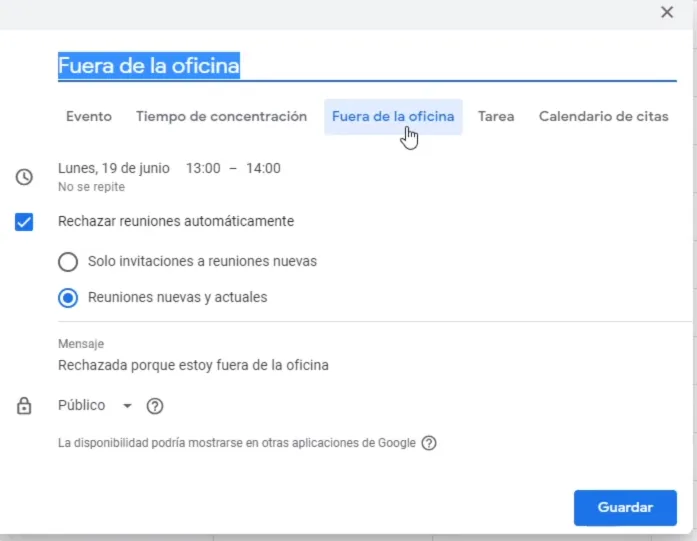 Fuera de la oficina en Google Calendar