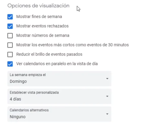 Opciones de visualización en Google Calendar