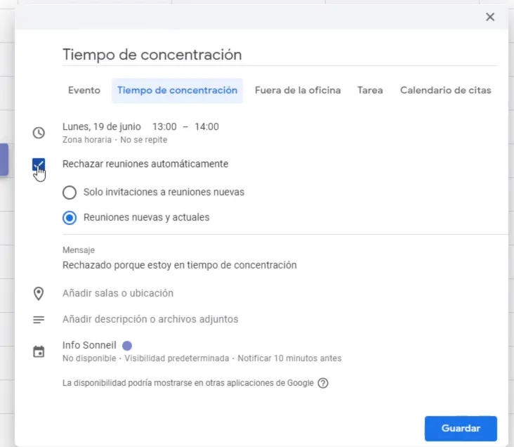 Tiempo de Concentración en Google Calendar