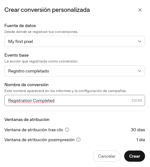 Crear conversión personalizada en Chat GPT Ads